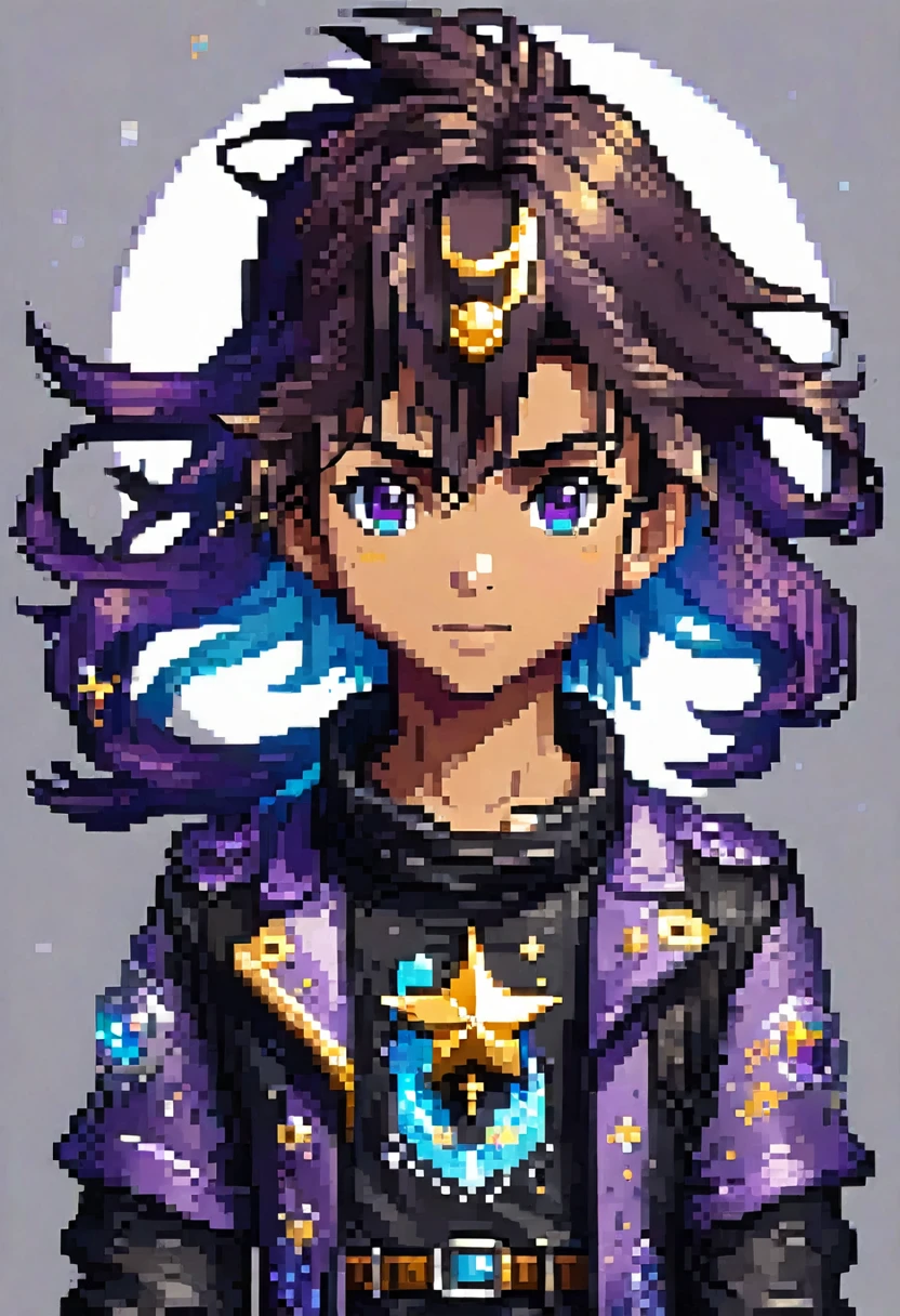 Solaria Moon, a Pokémon trainer protagonist in pixel art style, Pokémon sprite, game freak, by artist Ken Sugimori. He is and measures 1.65 meters. Her hair is long and wavy, dark blue with silver reflections, and always wears a gold metal star as an ornament. His eyes are violet with a distinctive glow that reflects his passion for adventure.. He wears a black leather jacket with gold and silver details that simulate constellations. His shirt is dark purple with a crescent moon symbol in the center.. Wear tight pants and tall black leather boots. It is determined, curious, empathic and strategist. Shown full length in a top view sprite (overworld) in a more detailed style.