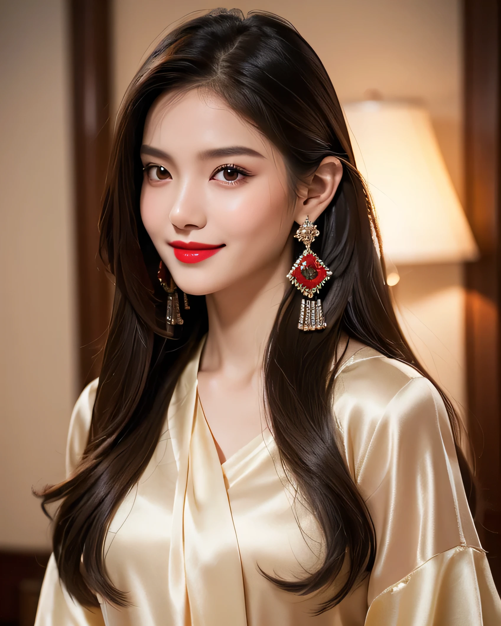 Ultra HD resolution,artistic photos,Professional candid Photography,((21 year very sexy girl, earrings, long brunette hair, cold ultra realistic skin, wearing night silk blouse)), in a room at night, smiling at viewer, natural red lips, attention to detail