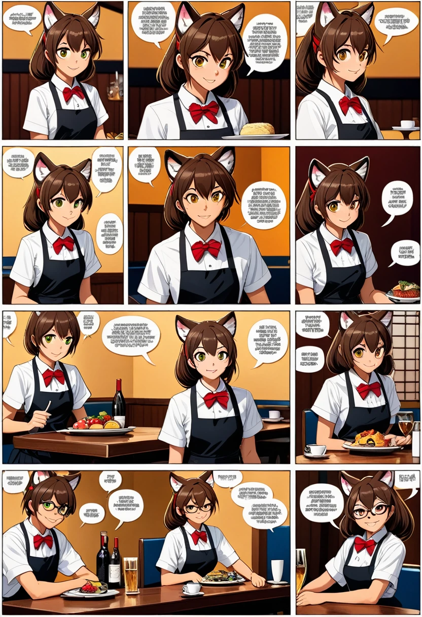 top quality, best quality, highres, masterpiece, super high resolution, detailed background, Casual reutaurant interior, part-time job, waiter, boys, girls, absurdres(highly detailed beautiful face and eyes)perfect anatomy, good lighting, cinematic shadow(kemono, furry anthro)assorted expressions, assorted poses, assorted angles, full body, upper shot, dynamic angle(girls comic-like panel layouts, speech balloon, English text, Hand-drawn sound effects stickers used in girls comic),