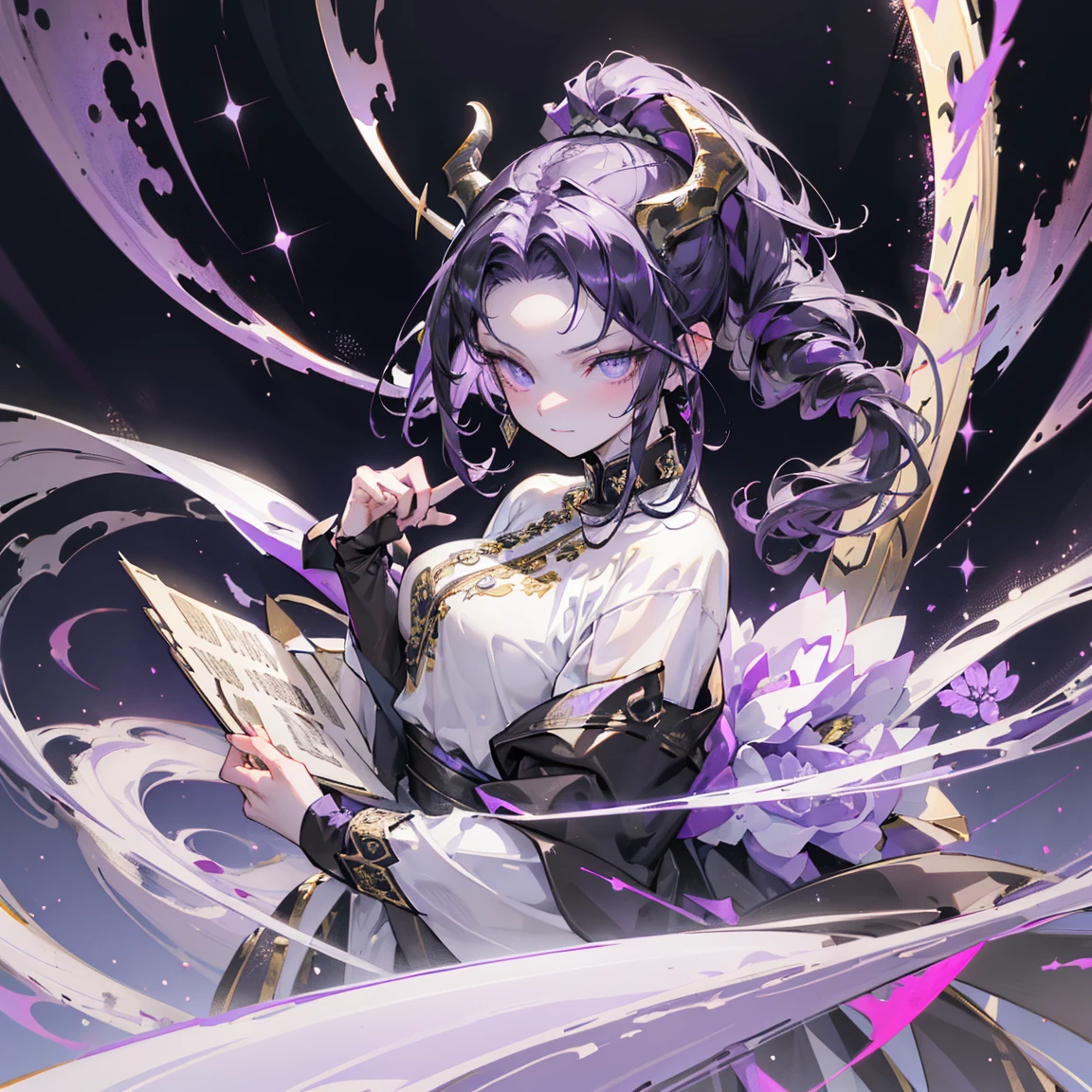 cheerful boy aristocrat open forehead. dark purple hair braided in a ponytail on the left side to one side. sinuous black horns wrapped in dark purple ribbon. pale violet eyes. in short dark purple shorts. long white T-shirt. dark purple knee-high socks. a white long robe with a hood flutters in the wind. black ancient stone walls of the castle purple light from lamps with gold ornaments, heterochromia, long curly hair, pale skin, I look at the viewer, closed mouth, bright smile, Beautiful, extremely detailed eye, Absolutely amazing art, extremely detailed, Digital art of the highest quality, full length, old piano, ancient walls of a stone castle