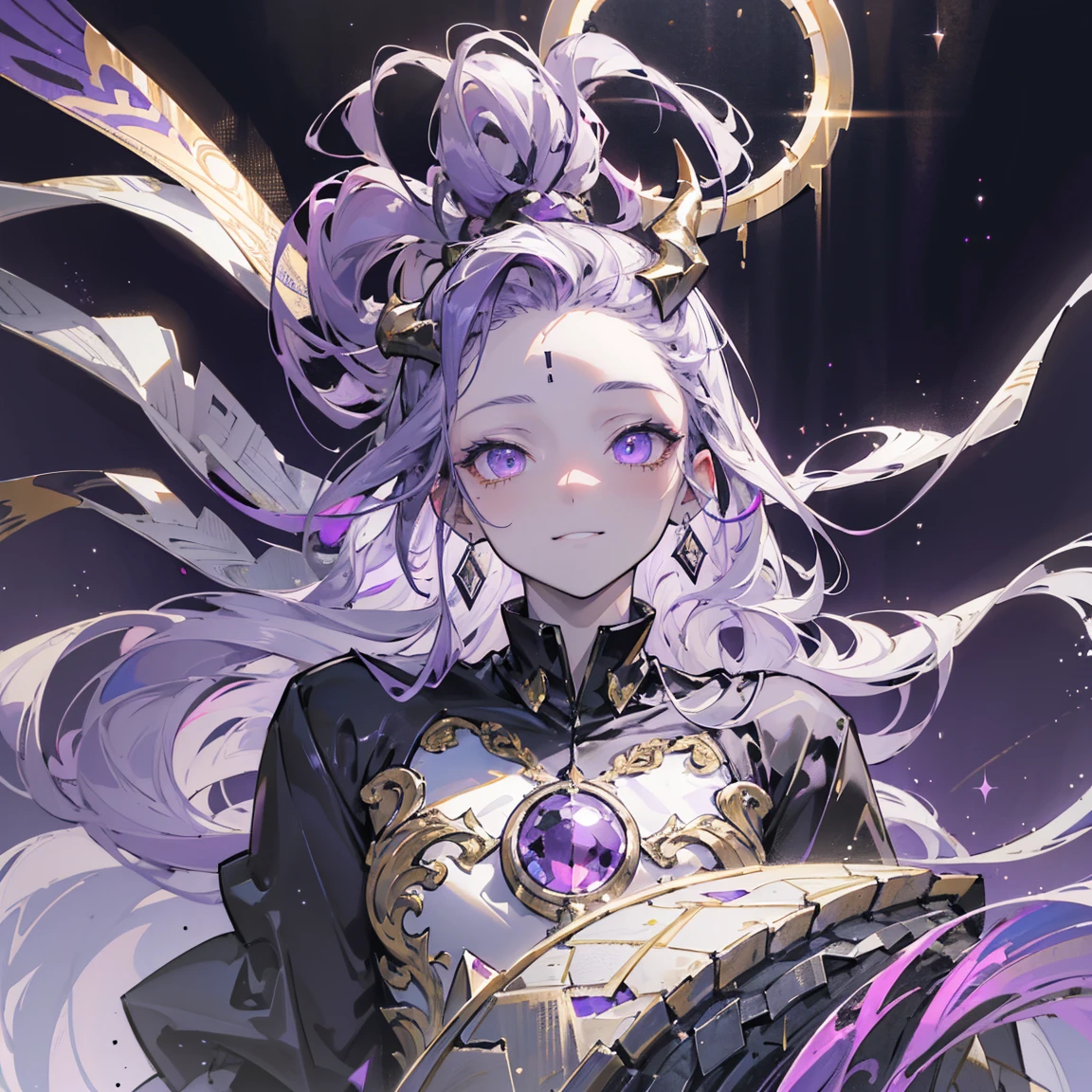 cheerful boy aristocrat open forehead. dark purple hair braided in a ponytail on the left side to one side. sinuous black horns wrapped in dark purple ribbon. pale violet eyes. in short dark purple shorts. long white T-shirt. dark purple knee-high socks. a white long robe with a hood flutters in the wind. black ancient stone walls of the castle purple light from lamps with gold ornaments, heterochromia, long curly hair, pale skin, I look at the viewer, closed mouth, bright smile, Beautiful, extremely detailed eye, Absolutely amazing art, extremely detailed, Digital art of the highest quality, full length, old piano, ancient walls of a stone castle