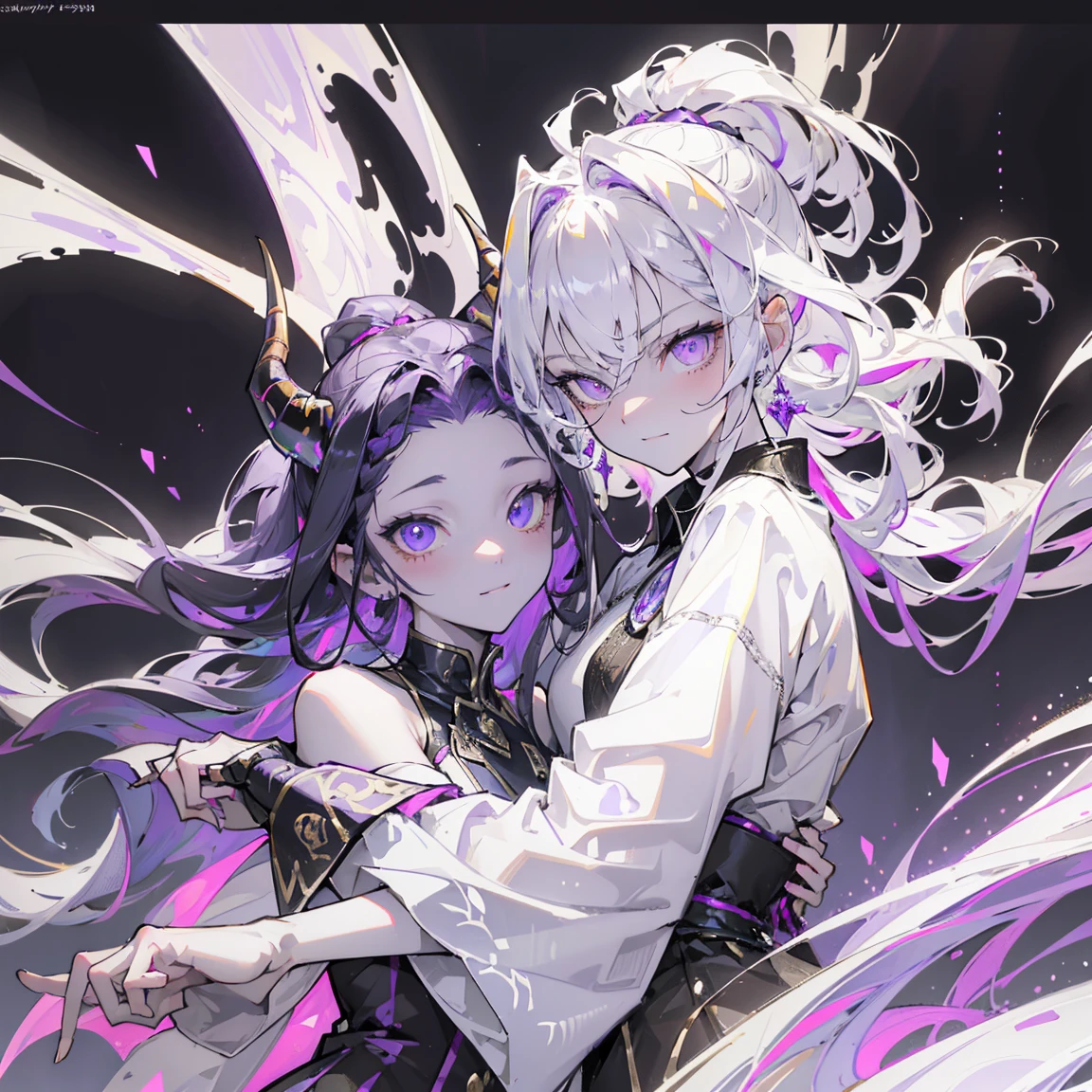 cheerful boy aristocrat open forehead. dark purple hair braided in a ponytail on the left side to one side. sinuous black horns wrapped in dark purple ribbon. pale violet eyes. in short dark purple shorts. long white T-shirt. dark purple knee-high socks. a white long robe with a hood flutters in the wind. black ancient stone walls of the castle purple light from lamps with gold ornaments, heterochromia, long curly hair, pale skin, I look at the viewer, closed mouth, bright smile, Beautiful, extremely detailed eye, Absolutely amazing art, extremely detailed, Digital art of the highest quality, full length, old piano, ancient walls of a stone castle