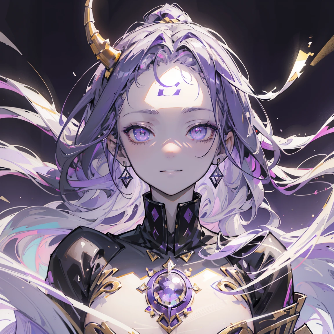 cheerful boy aristocrat open forehead. dark purple hair braided in a ponytail on the left side to one side. sinuous black horns wrapped in dark purple ribbon. pale violet eyes. in short dark purple shorts. long white T-shirt. dark purple knee-high socks. a white long robe with a hood flutters in the wind. black ancient stone walls of the castle purple light from lamps with gold ornaments, heterochromia, long curly hair, pale skin, I look at the viewer, closed mouth, bright smile, Beautiful, extremely detailed eye, Absolutely amazing art, extremely detailed, Digital art of the highest quality, full length, old piano, ancient walls of a stone castle
