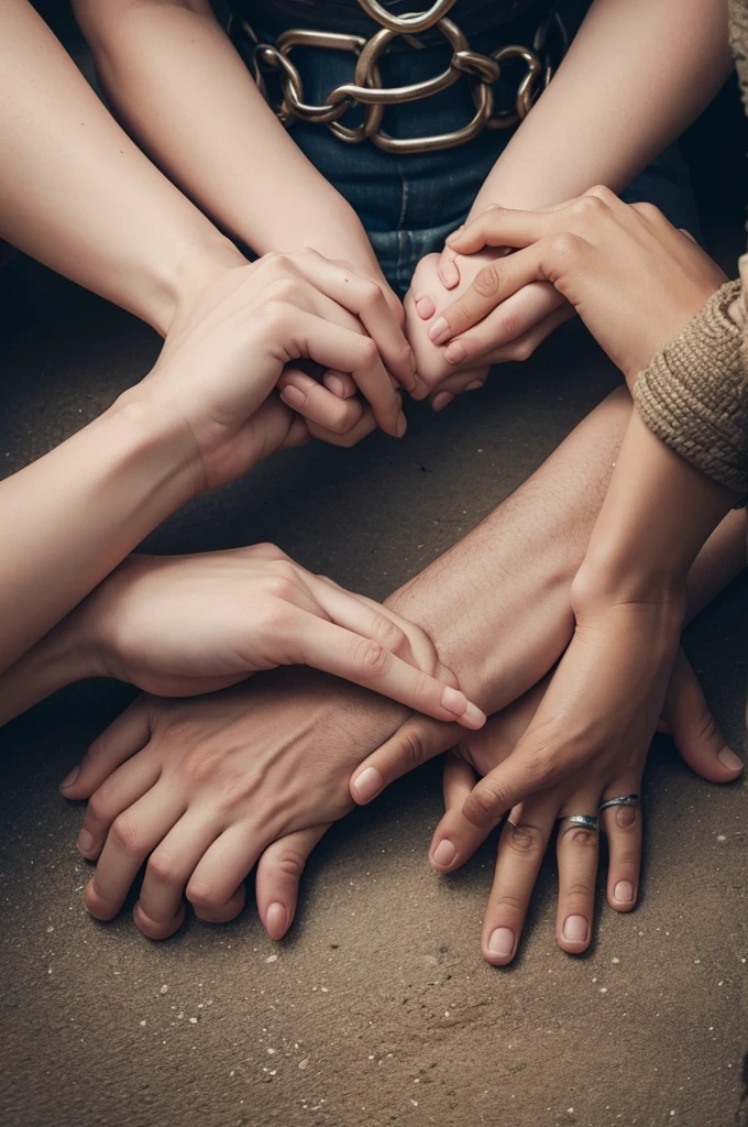 Draw a picture of a person breaking chains or handcuffs, symbolizing freedom from the stigma and discrimination associated with mental health. Another idea would be to portray people holding hands, representing solidarity and mutual support in the fight against prejudice and for the inclusion of everyone in society