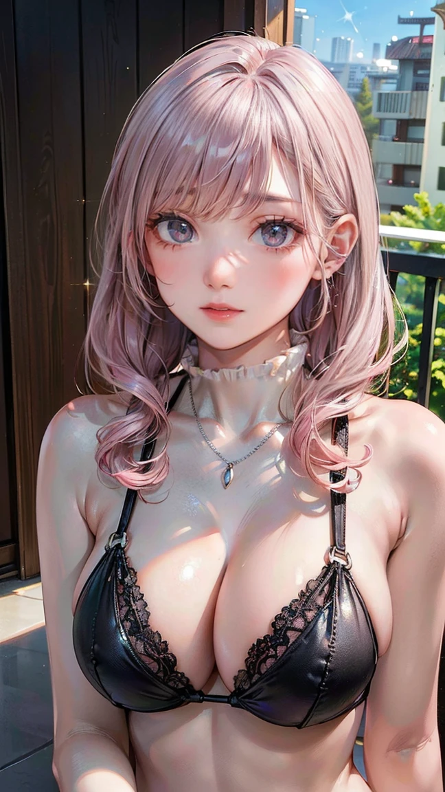 (Masterpiece, BestQuality:1.3), (ultra detailed:1.2), (hyperrealistic:1.3), (RAW photo:1.2), High detail RAW color photo, professional photograph, (Photorealistic:1.4), (realistic:1.4), (Pink Hair:1.5), professional lighting, perfect anatomy, (Big Breasts:1.2), (blush, detailed face), (cheerful Smile:1.5), Trending Hair&Trending Hairカラーをランダムに, earrings, necklace, bracelet, sexly, erotic sexly, Random sexy gravure poses, (A beautiful woman in a black lace bikini、Giving a provocative look on the balcony of a resort hotel。Silver earrings sparkle on your ears。:1.3)