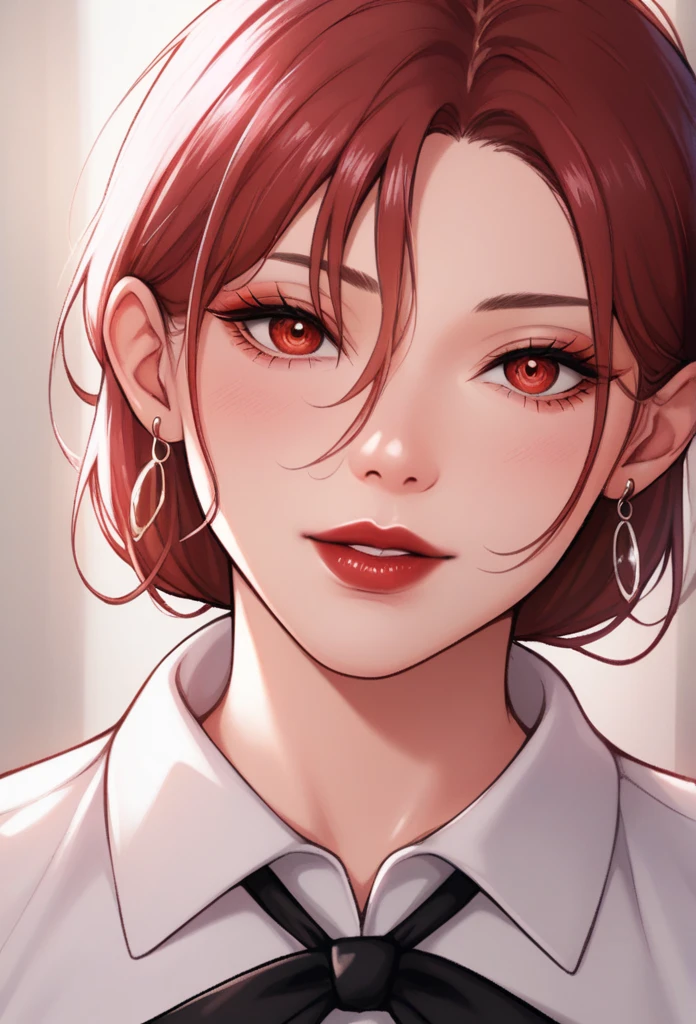 (masterpiece, best quality: 1.2), yoru\(chainsaw man\),(very detailed face, real image, realistic skin, realistic body, intricate details), (solo, upper body) red lipstick
serious, looking at the viewer, red eyes, , pinaforee dress, shirt, neck ribbon, close-up,jhumka earrings,big jhumka earrings ,long jhumka earrings