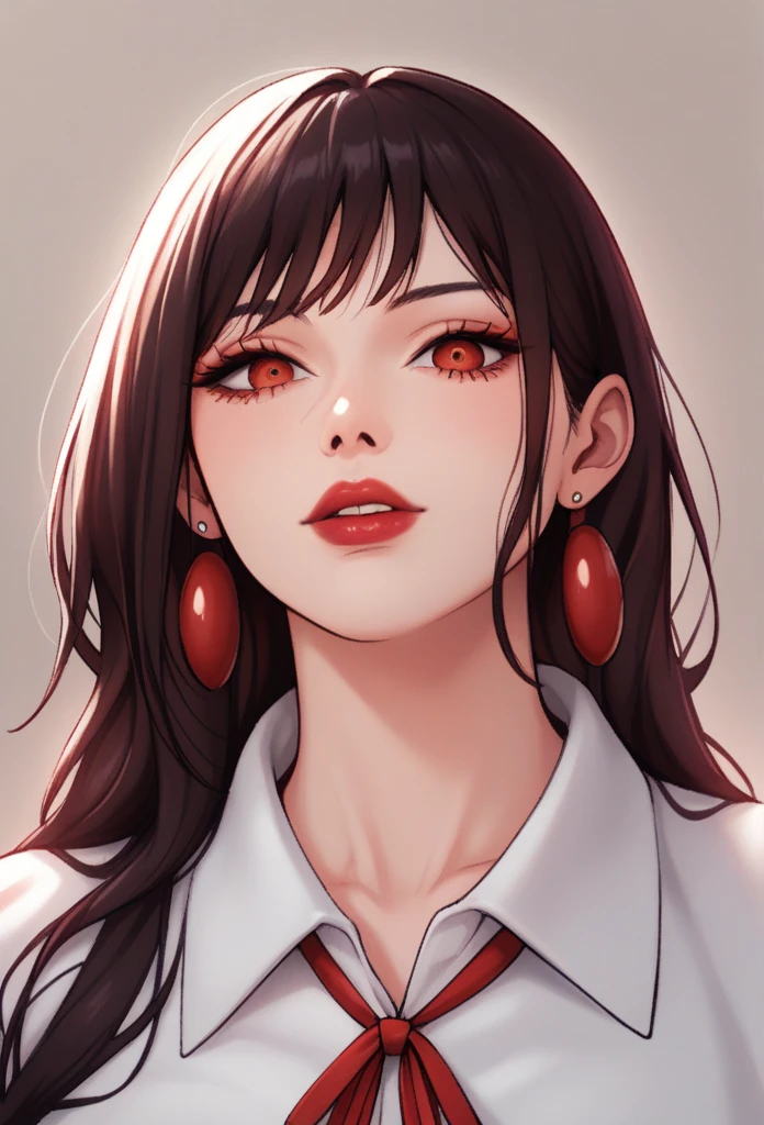 (masterpiece, best quality: 1.2), yoru\(chainsaw man\),(very detailed face, real image, realistic skin, realistic body, intricate details), (solo, upper body) red lipstick
serious, looking at the viewer, red eyes, , pinaforee dress, shirt, neck ribbon, close-up,jhumka earrings,big jhumka earrings ,long jhumka earrings