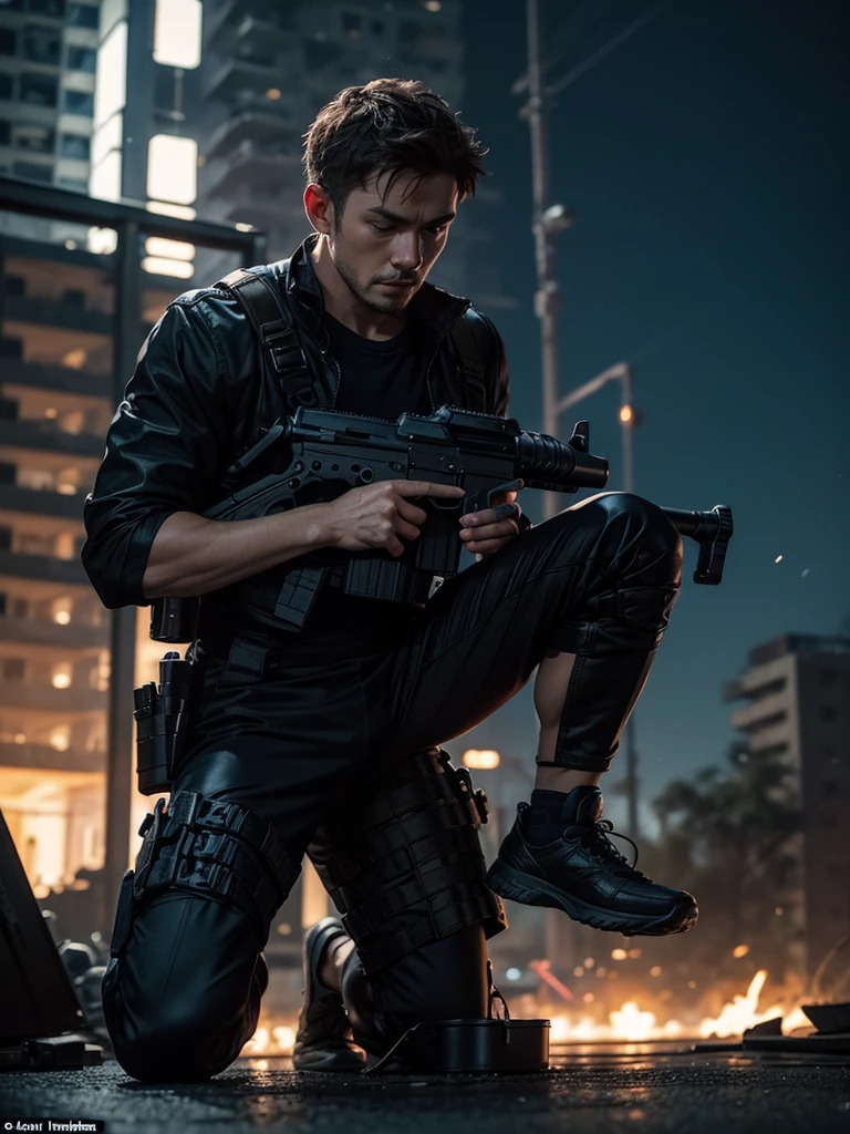 Battlefield background at night，Huge explosion，Exploded buildings，A man in a blue one-piece tactical swimsuit，Black sneakers，Gun holster on leg，Close-up shot of a man kneeling on one knee with a gun，Full body close-up，Realism