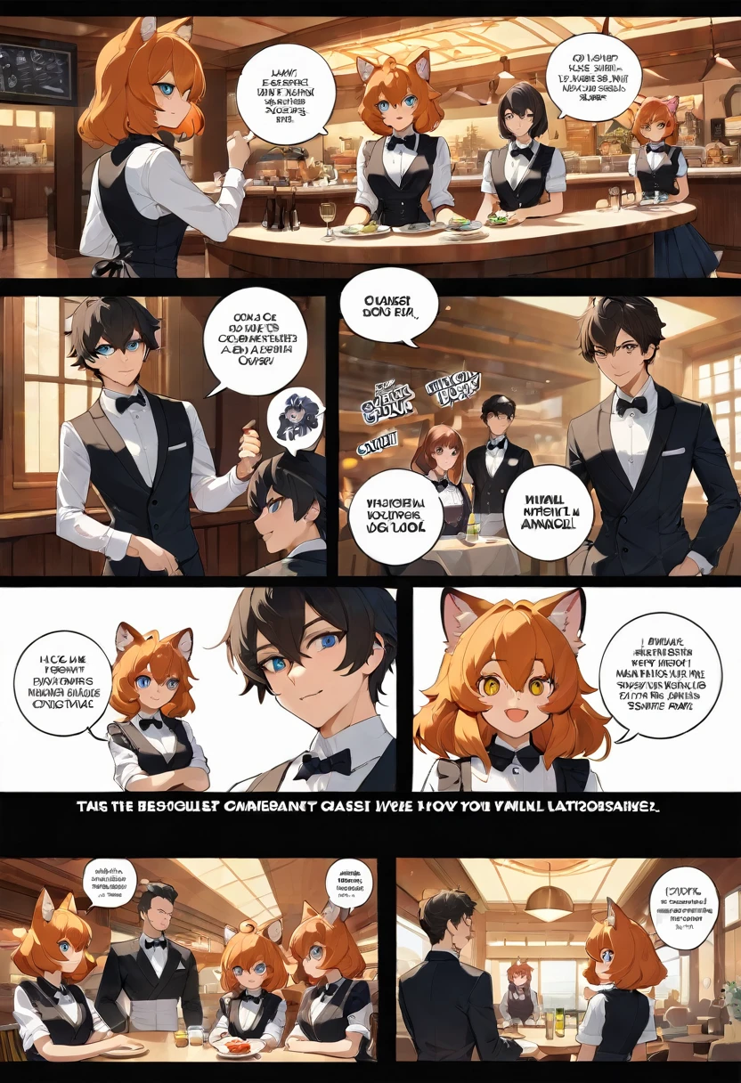 top quality, best quality, highres, masterpiece, super high resolution, detailed background, Casual reutaurant interior, part-time job, waiter, boys, girls, absurdres(highly detailed beautiful face and eyes)perfect anatomy, good lighting, cinematic shadow(kemono, furry anthro)assorted expressions, assorted poses, assorted angles, full body, upper shot, dynamic angle(girls comic-like panel layouts, speech balloon, English text, Hand-drawn sound effects stickers used in girls comic),