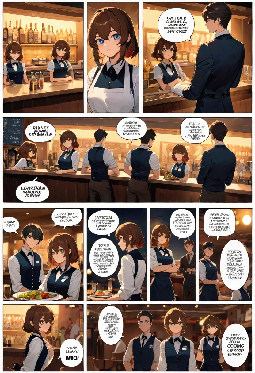top quality, best quality, highres, masterpiece, super high resolution, detailed background, Casual reutaurant interior, part-time job, waiter, boys, girls, absurdres(highly detailed beautiful face and eyes)perfect anatomy, good lighting, cinematic shadow(kemono, furry anthro)assorted expressions, assorted poses, assorted angles, full body, upper shot, dynamic angle(girls comic-like panel layouts, speech balloon, English text, Hand-drawn sound effects stickers used in girls comic),