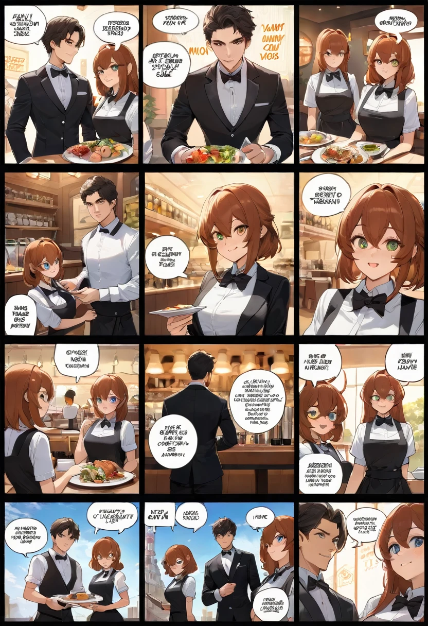 top quality, best quality, highres, masterpiece, super high resolution, detailed background, Casual reutaurant interior, part-time job, waiter, boys, girls, absurdres(highly detailed beautiful face and eyes)perfect anatomy, good lighting, cinematic shadow(kemono, furry anthro)assorted expressions, assorted poses, assorted angles, full body, upper shot, dynamic angle(girls comic-like panel layouts, speech balloon, English text, Hand-drawn sound effects stickers used in girls comic),