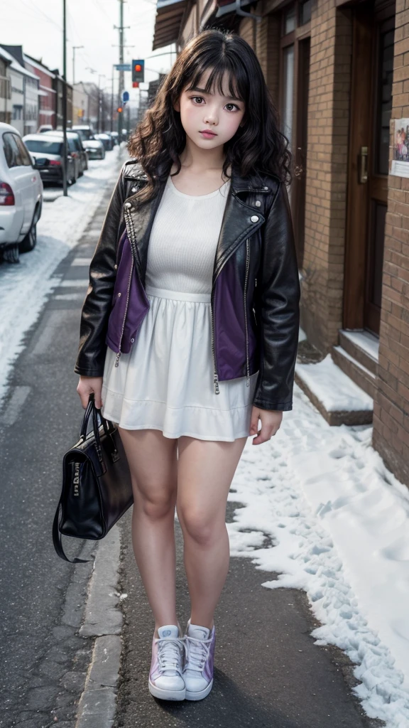 -yeld giwith a sad but loving face, curly black hair, snow-white skin, a slightly chubby physique, brown eyes, purple dress, leather jacket and white sneakers.