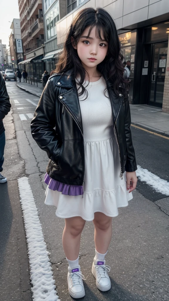 with a sad but loving face, curly black hair, snow-white skin, a slightly chubby physique, brown eyes, purple dress, leather jacket and white sneakers.