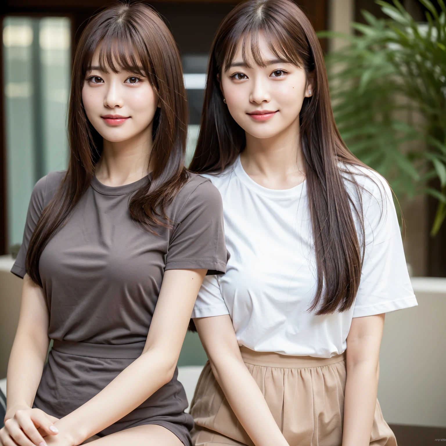 (8K), (Highest quality: 1.2), (Realistic), (Realistic: 1.37), Ultra-high resolution, 1 Girl, 20-year-old,cute, smile, Mouth closed, Beautiful details, Beautiful Nose, whole body, Short sleeve、Beautiful details, Beautiful Nose, whole body, pork, , Thighs、50mm lens、(Dark brown straight hair)、Long Hair、With bangs、Japanese women、(Dark brown hair)、Natural color lip