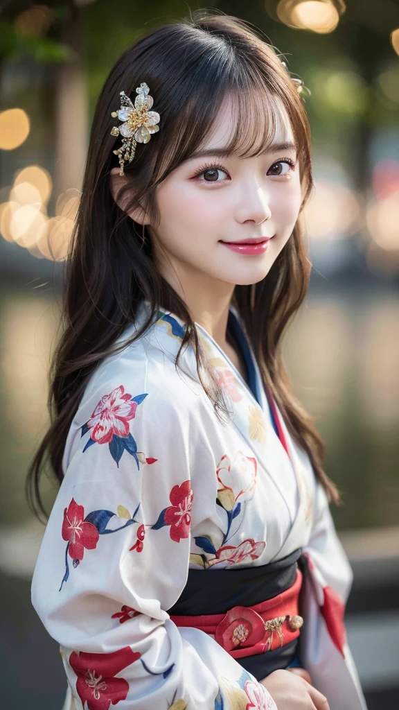 (kimono)、(highest quality、8k、High resolution、masterpiece:1.2)、Very detailed、(Realistic、photoRealistic、photo-Realistic:1.3)、Bokeh、Portraiture、Smile、(Detailed eyes、beautiful girl、Young face、Detailed face、No makeup)、Slightly backlit、Professional Lighting、Caustics