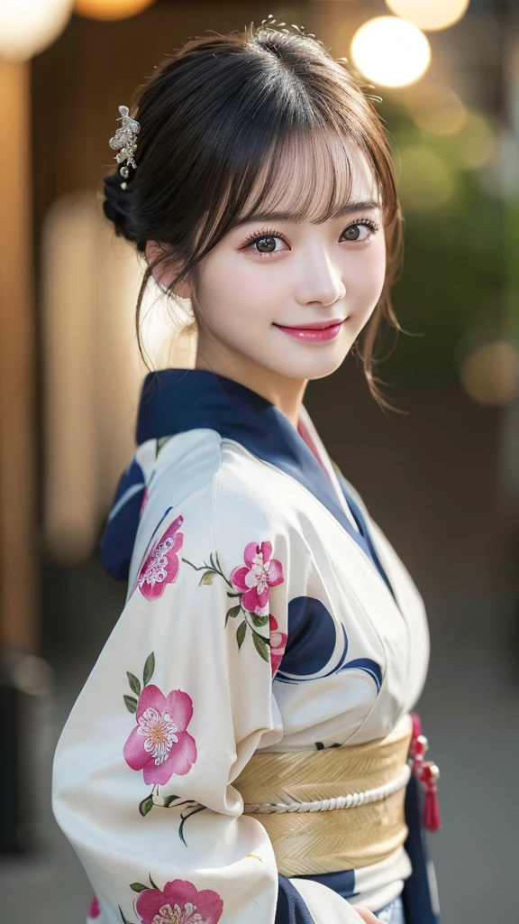 （kimono）、(highest quality、8k、High resolution、masterpiece:1.2)、Very detailed、(Realistic、photoRealistic、photo-Realistic:1.3)、Bokeh、Portraiture、Smile、(Detailed eyes、beautiful girl、Young face、Detailed face、No makeup)、Slightly backlit、Professional Lighting、Caustics