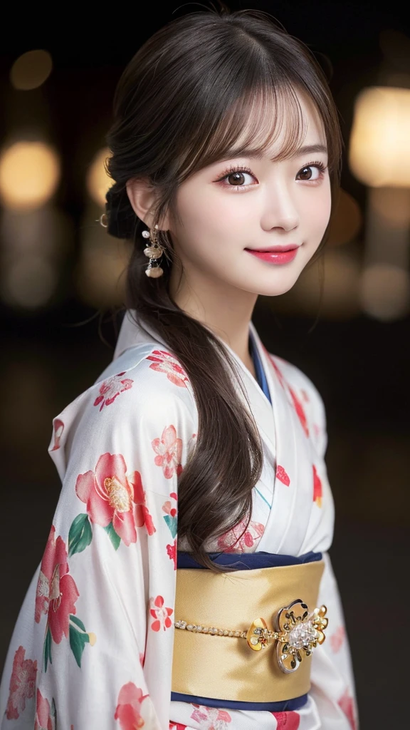 （kimono）、(highest quality、8k、High resolution、masterpiece:1.2)、Very detailed、(Realistic、photoRealistic、photo-Realistic:1.3)、Bokeh、Portraiture、Smile、(Detailed eyes、beautiful girl、Young face、Detailed face、No makeup)、Slightly backlit、Professional Lighting、Caustics