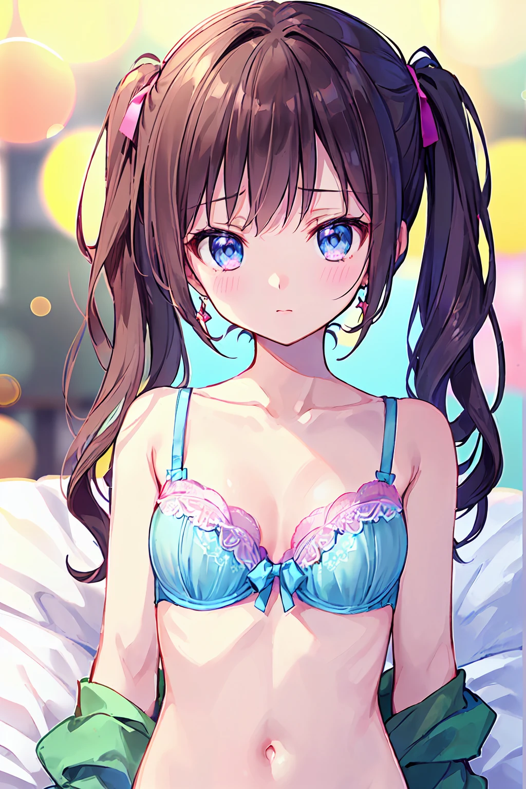 ((masterpiece、Highest quality、Very detailed))、One Girl、Brown Hair、Medium Hair、((Twin tails))、Bright Blue Eyes、Earrings、blush、Watery eyes、((Pink lipoderated breasts、((Light blue bra))、((Upper Body))、Lie on your back in bed,((Highest quality)), (Very detailedな), (High-definition CG synthesis 8K wallpaper), 高いly detailed, 高い-definition raw color photos, Professional photography, (((Bokeh))), Written boundary depth,Small breasts,Underwear visible