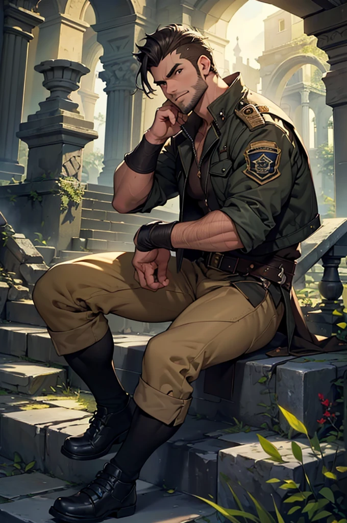 (Highest quality, 8K, 32k, masterpiece, Ultra-high resolution:1.2),detailed eyes,A fearless male archaeologist, sideburns, Shaving,Sitting on stone steps at the ruins at night