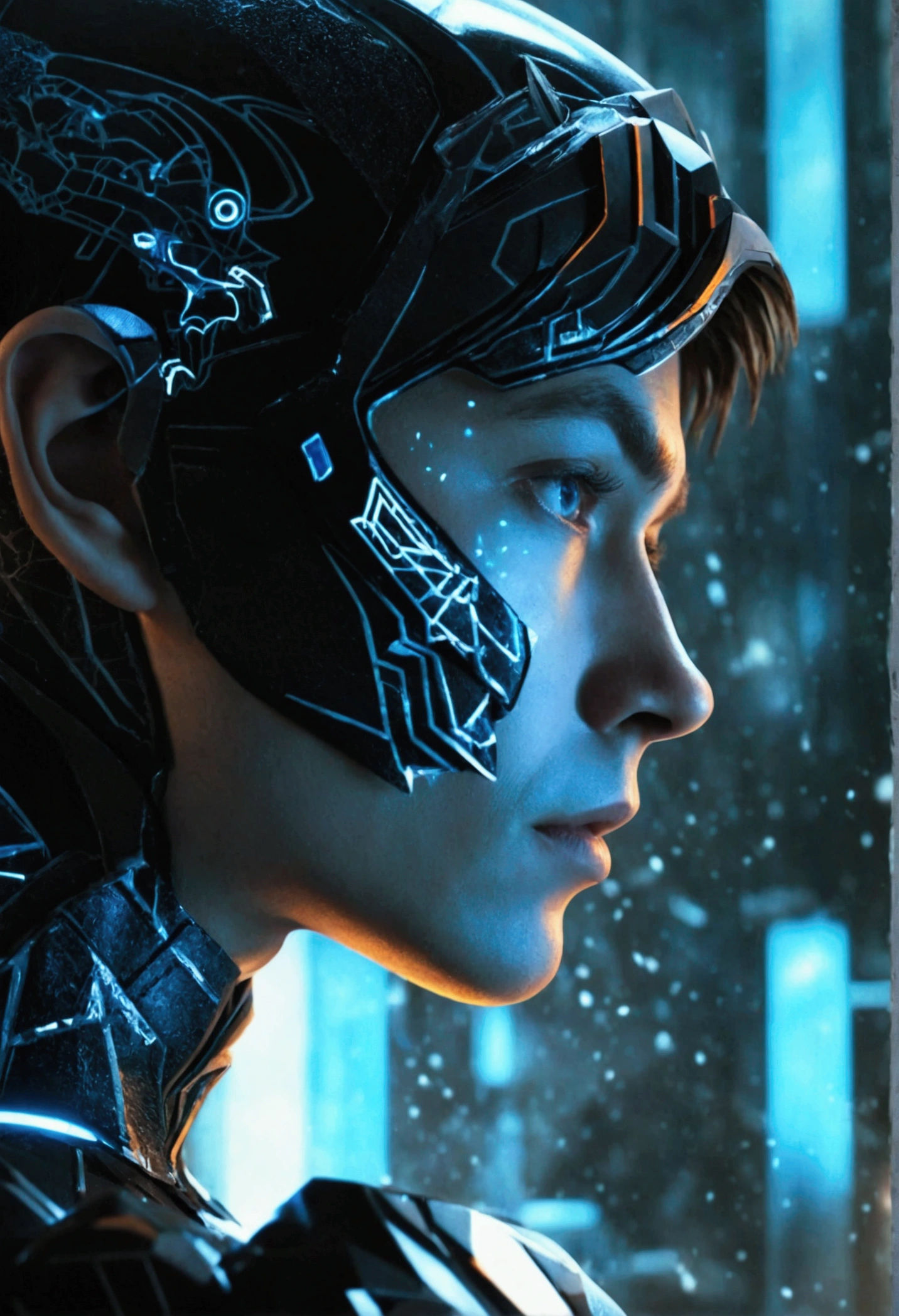Tron Combined with Batman, tron legacy, battle pose, crystal clear image, intricate details, close up, battle scars, black and blue themed, simulation world