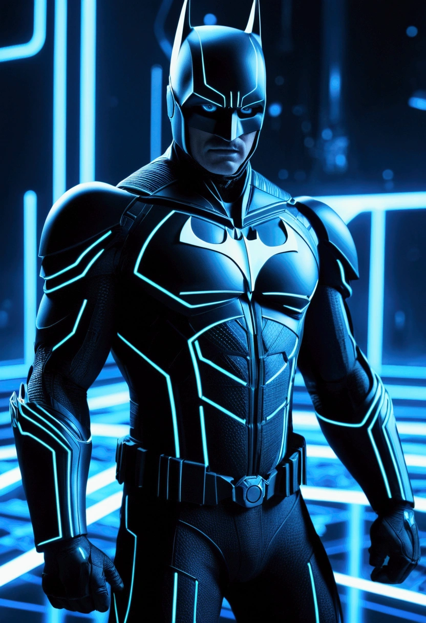 Tron Combined with Batman, tron legacy, battle pose, crystal clear image, intricate details, close up, battle scars, black and blue themed, simulation world
