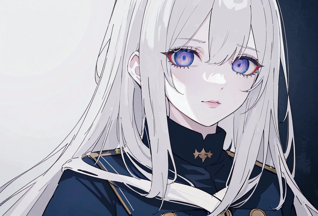 (best quality,4k,8k,highres,masterpiece:1.2),1girl,anime,military uniform,dark blue uniform,long white hair,white eyes,evil look,detailed face,detailed eyes,detailed lips,longeyelashes,digital art,cinematic lighting,dark moody atmosphere,dramatic shadows on three sides