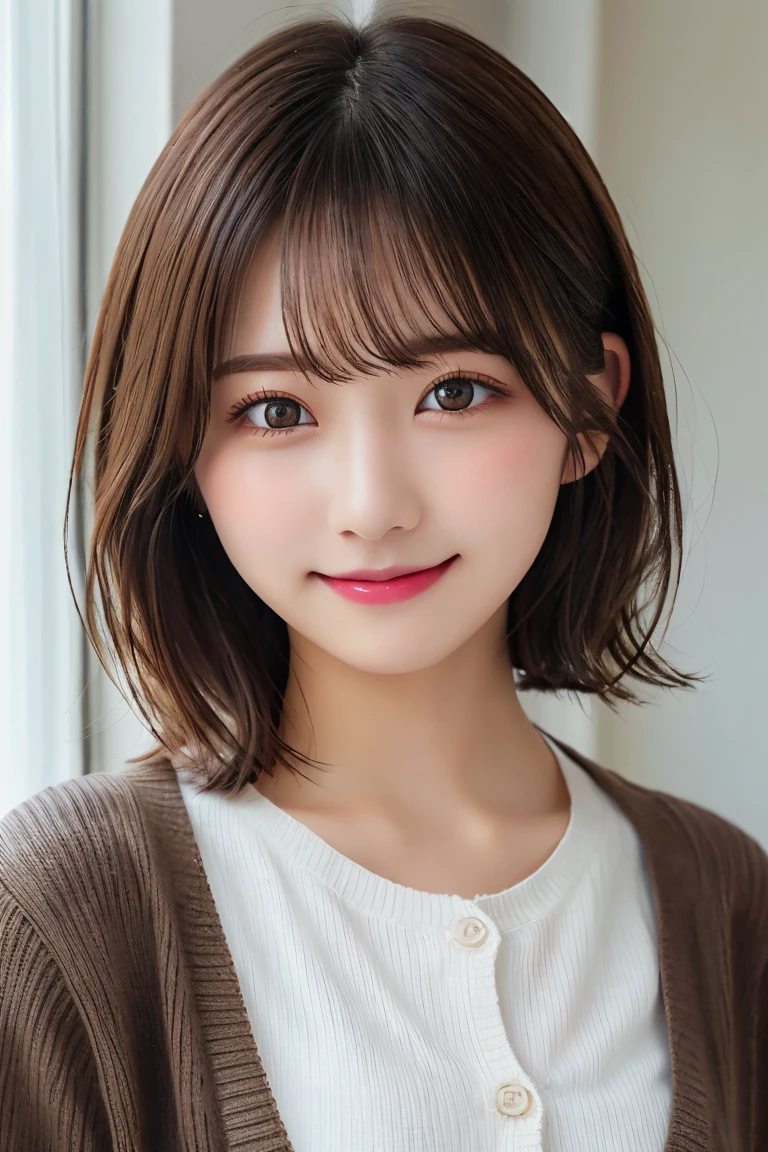 Highest quality, (beautiful)、Super delicate eyes、Brown eyes、22-year-old female、Brown Hair、smile、looking at the camera、Semi-short hair、Natural Lip、cardigan