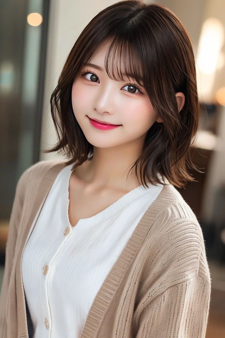 Highest quality, (beautiful)、Super delicate eyes、Brown eyes、22-year-old female、Brown Hair、smile、looking at the camera、Semi-short hair、Natural Lip、cardigan