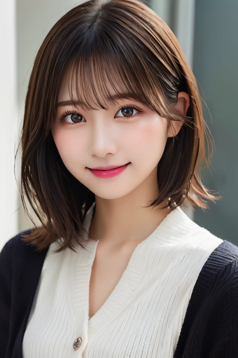 Highest quality, (beautiful)、Super delicate eyes、Brown eyes、22-year-old female、Brown Hair、smile、looking at the camera、Semi-short hair、Natural Lip、cardigan