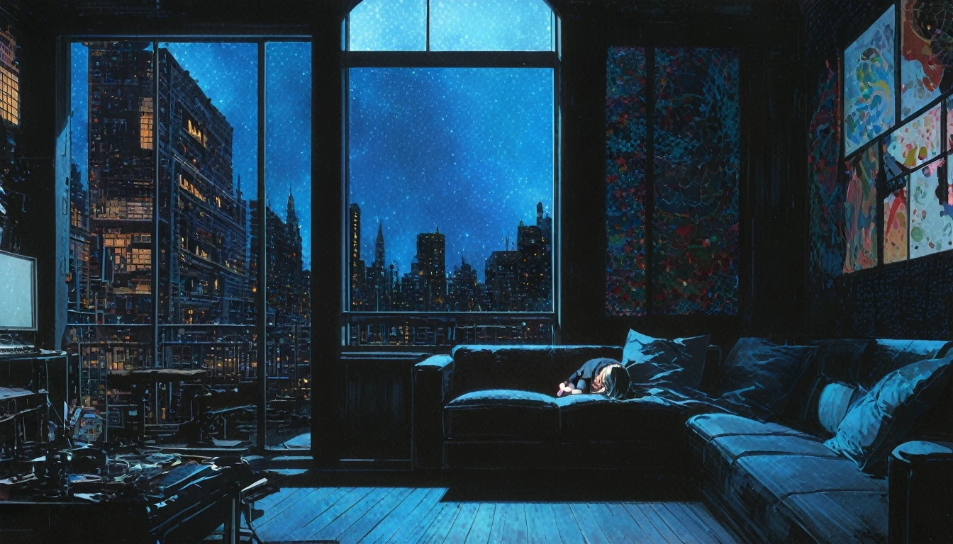 Super detailed:1.3, (Absurd, texture, masterpiece), pixiv Contest Winner, John Berkey, Dynamic cartoon style illustrations,Oversized T-shirt、stand lighting、Colored pencil style、Long black hair、play the guitar、sofa、kitten、Night Sky、star、Room with window、High precision、detailed、8hair,Sitting cross-legged, star空のインナーヘア,Dark aesthetic,Euphoric,Oversized T-shirt,Black shorts,Beautiful woman,Old alley background, Dozing off,Crayon colored zentangle,overview,Anime key visual,