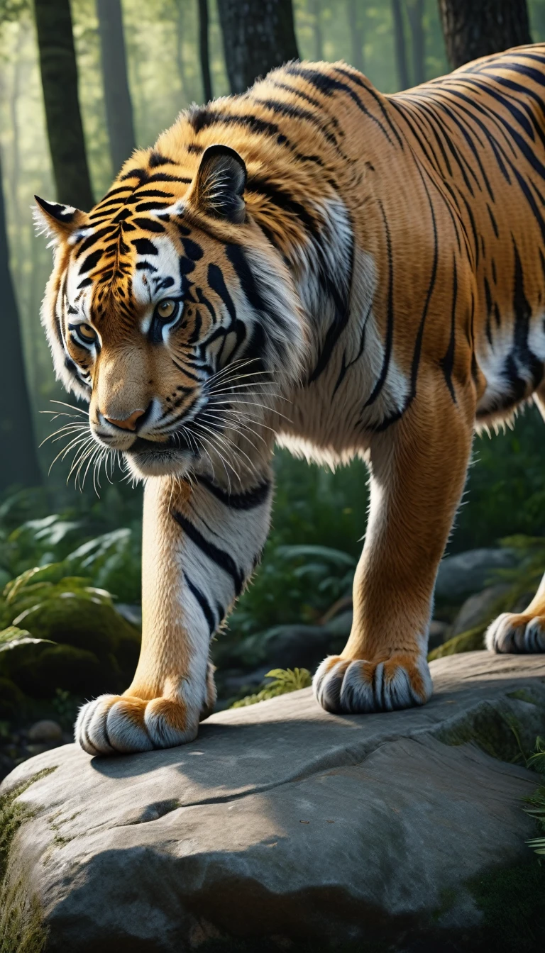 Side View，There is a wild beast standing on a stone in the forest，The body of a tiger，The tail of the cow（best quality，4K，8K，High level，masterpiece：1.2），Ultra Detailed，（lifelike，Photo real，Photo real：1.37），Highly detailed animals，Complex patterns，Realistic lighting，Fantasy Creatures