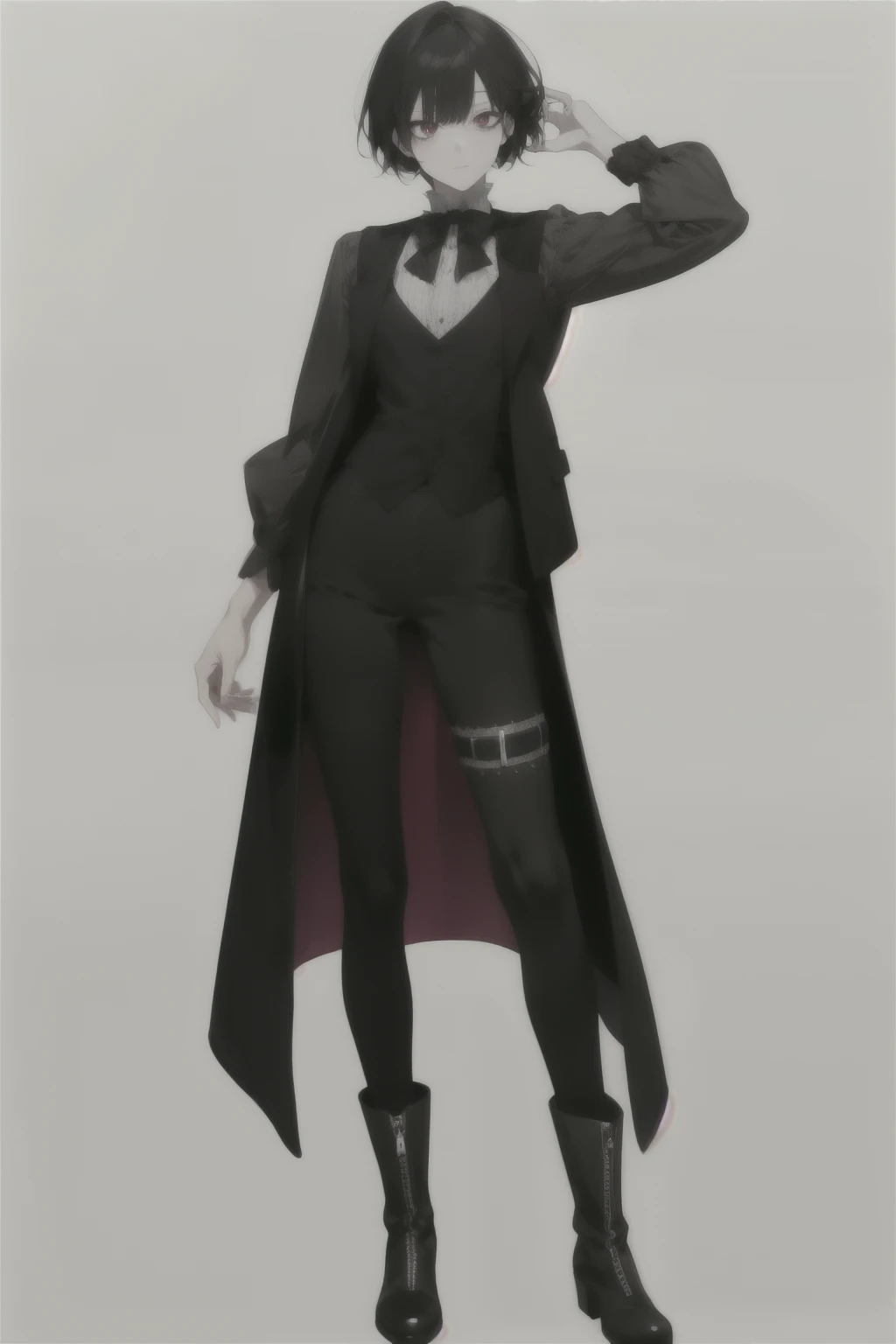 Mature girl, anime female character, short black hair, bangs, red eyes, vest, boots, full body shot, pose, elegant, bangs, ouji fashion, "Black Butler" inspired outfit., anime, Gothic art, anime, Gothic art, masterpiece, anatomically correct, accurate, high details, highres, 4K, 8K, highres, 1080P, super detail, masterpiece, anatomically correct