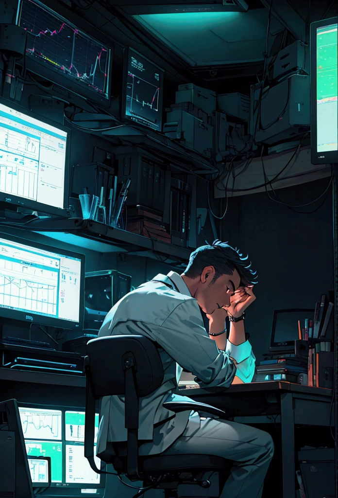 Make a trader in his room, dark neon background light, desk with monitors with a chart open, trader is depressed sitting in his desk chair thinking about his losses