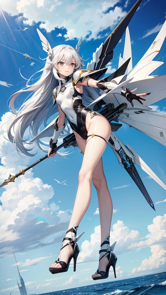 Fourteenth girl with long white hair,flat chest,Breastplate,Black one piece swimsuit,white sci-fi armor,Flying wing,Thin legs,high heels,flight,spear,sky white clouds