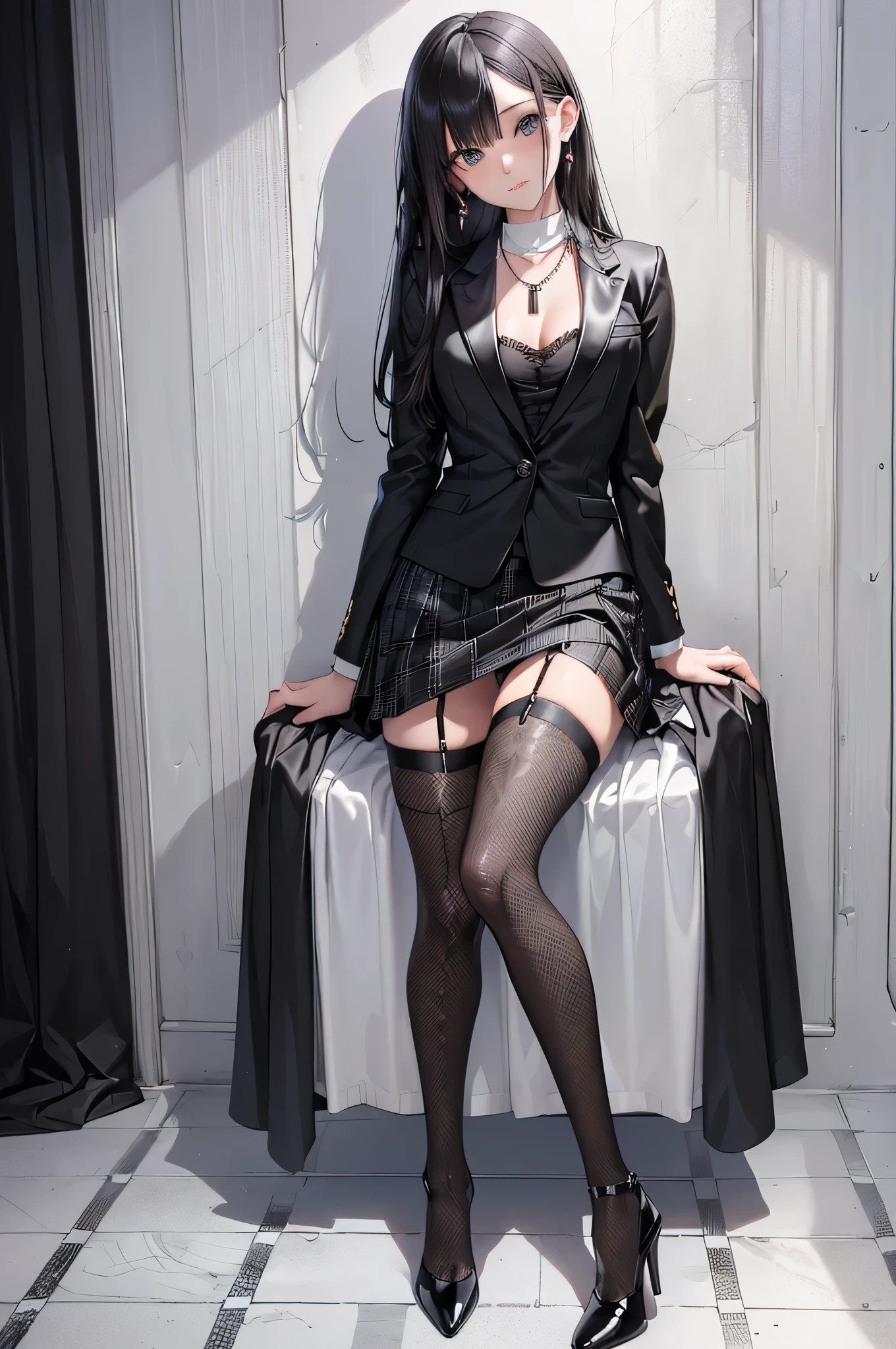 ((Biologically correct limb count)),(( From head to toe,Full-body photo including face)),4K,((Standing position)),masterpiece,((Focus on the face)),((Symmetrical facial features)),Eyes with detailed description,Beautiful woman,Great style,Beautiful arms,Beautiful legs,Beautiful Hands,(Small Ass,Thin thighs),Facial detailing,Small earrings,necklace,(Tricolor patent leather blazer,Checked mini skirt((Black high heels,Black patterned stockings))),Realistic photo,Lying on the linoleum floor,Low angle photo,A little panchira,