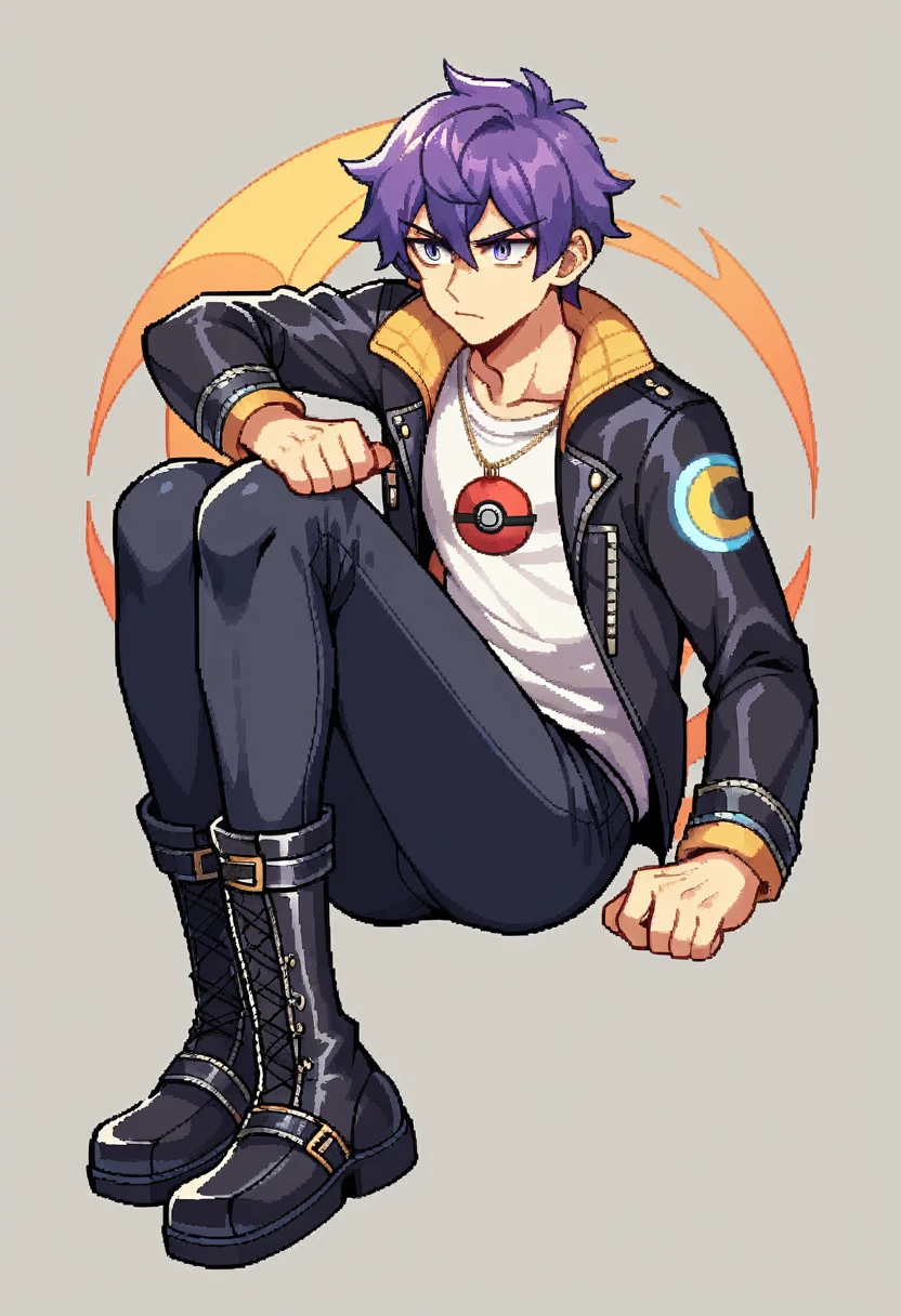 Solaria Moon, a Pokémon trainer protagonist in pixel art style, Pokémon sprite, game freak, by artist Ken Sugimori. He is 16 years old and measures 1.65 meters. Her hair is long and wavy, dark blue with silver reflections, and always wears a gold metal star as an ornament. His eyes are violet with a distinctive glow that reflects his passion for adventure.. He wears a black leather jacket with gold and silver details that simulate constellations. His shirt is dark purple with a crescent moon symbol in the center.. Wear tight pants and tall black leather boots. It is determined, curious, empathic and strategist. Shown full length in a top view sprite (overworld) in a more detailed style.