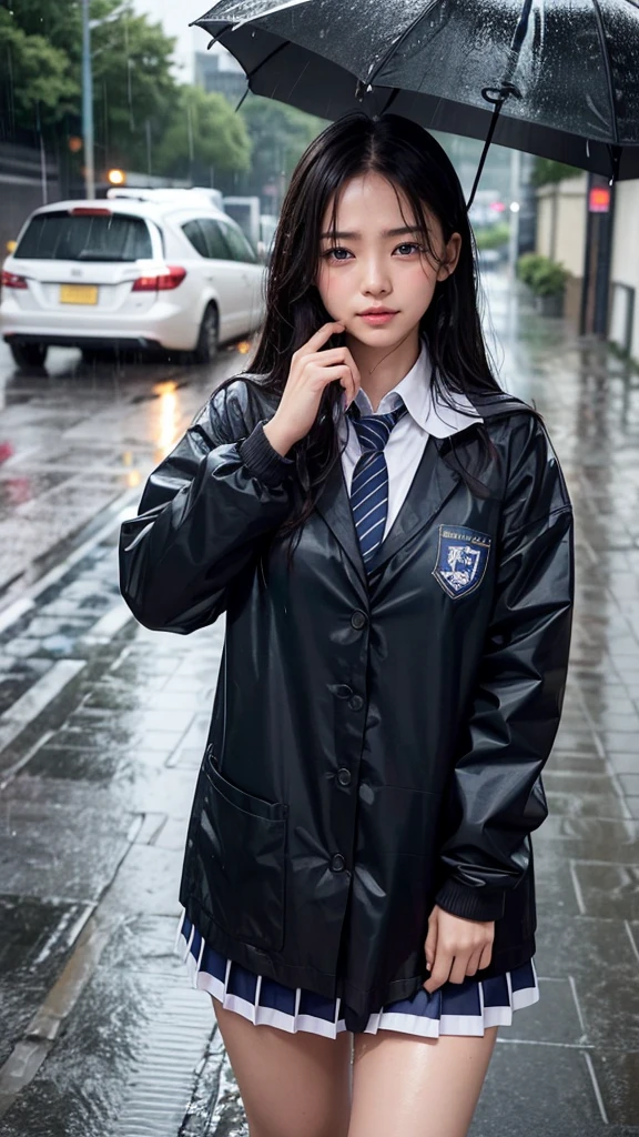 A woman, rain-soaked hair, rain-soaked face, rain-soaked clothes, messy hair, whole body wet with rain, (((school uniform))), 20 years old, beautiful, pretty face, cute face, rainy cityscape