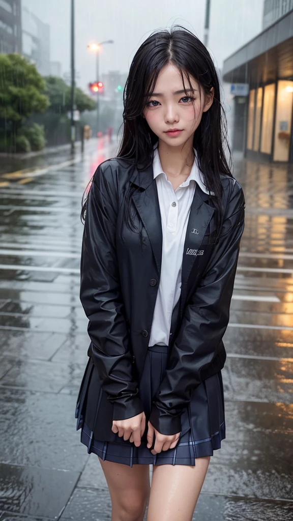 A woman, rain-soaked hair, rain-soaked face, rain-soaked clothes, messy hair, whole body wet with rain, (((school uniform))), 20 years old, beautiful, pretty face, cute face, rainy cityscape