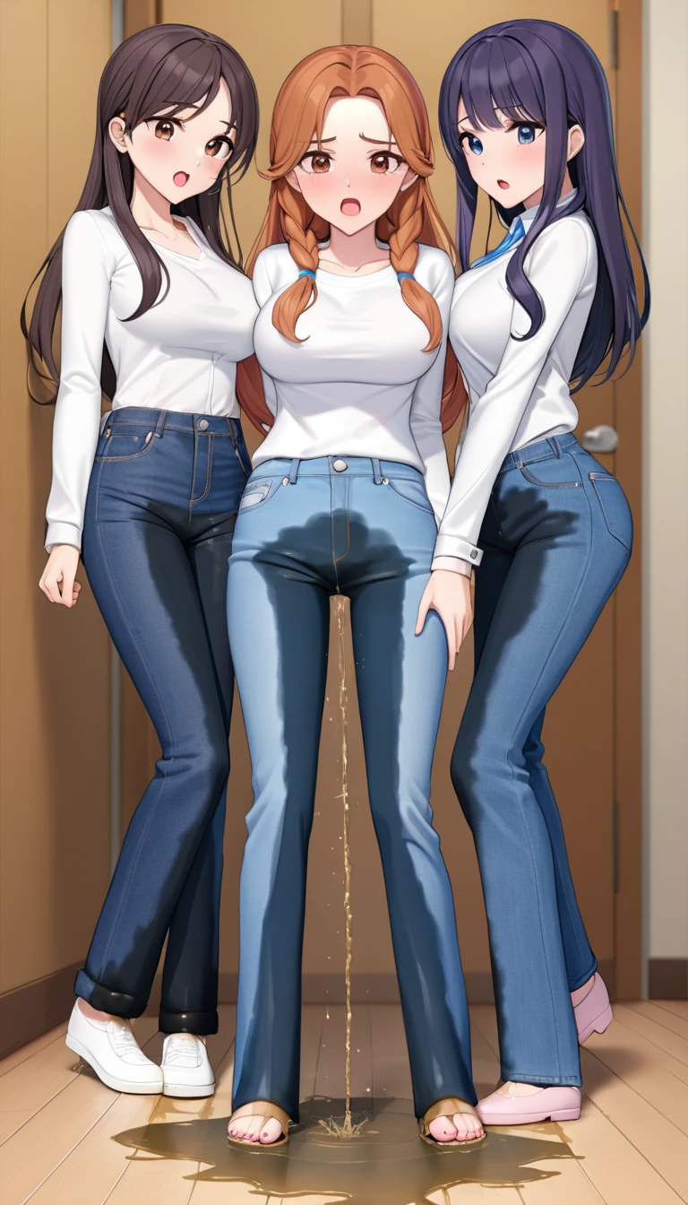 nsfw, masterpiece, best quality, high resolution, (3girls), 20 years old, (jeans pants), full body, ((topless)), (barefoot), blush, worried, open mouth, restroom, ((((((big pee stain))))))