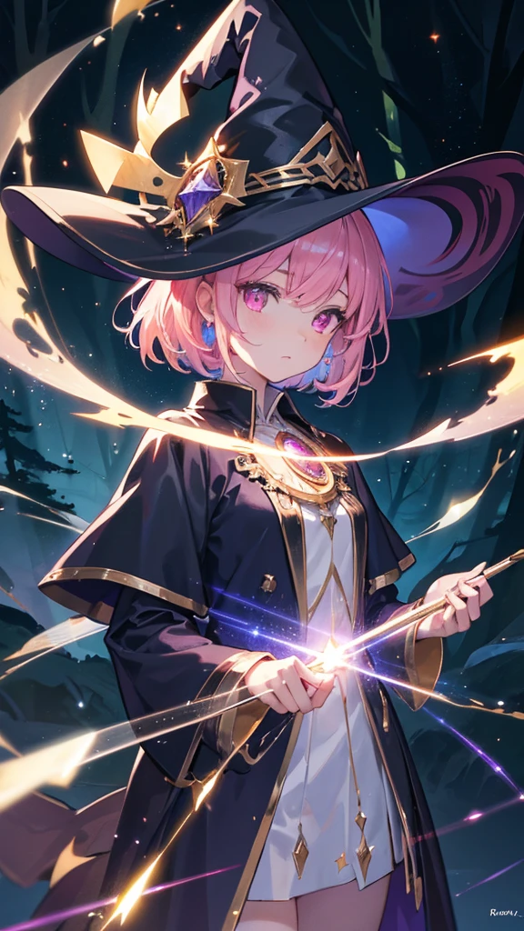 Best quality, Ultra detailed, best quality, insanely detailed, beautiful, masterpiece, 8k, 
break  
Lens Flare,night sky, Streaks of Light,refraction Glowing white lines ,Crossing Light,Shining Background, light particles
break 
Dark Forest,
break 
1lady,  sclupture, pink hair, short hair, witch hat, green hat, gold Crescent-shaped ornament, on hat, pink eyes, witch robe, dark blue robe, gold star-shaped ornament on the center of chest, wand on right hand, sparkling wand, shimmering aura around lady, 
Break
Wide shot, long shot,
