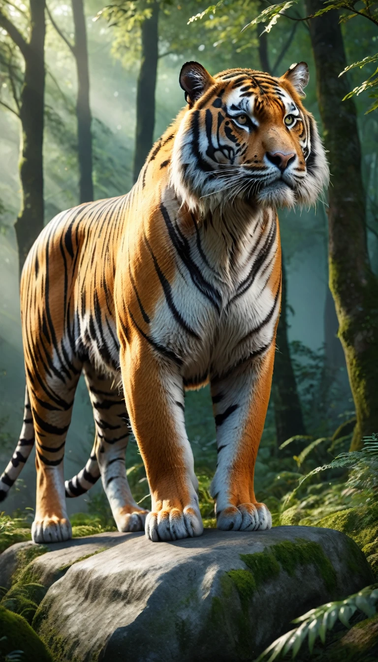 There is a wild beast standing on a stone in the forest，The body of a tiger，The tail of the cow（best quality，4K，8K，High level，masterpiece：1.2），Ultra Detailed，（lifelike，Photo real，Photo real：1.37），Highly detailed animals，Complex patterns，Realistic lighting，Fantasy Creatures