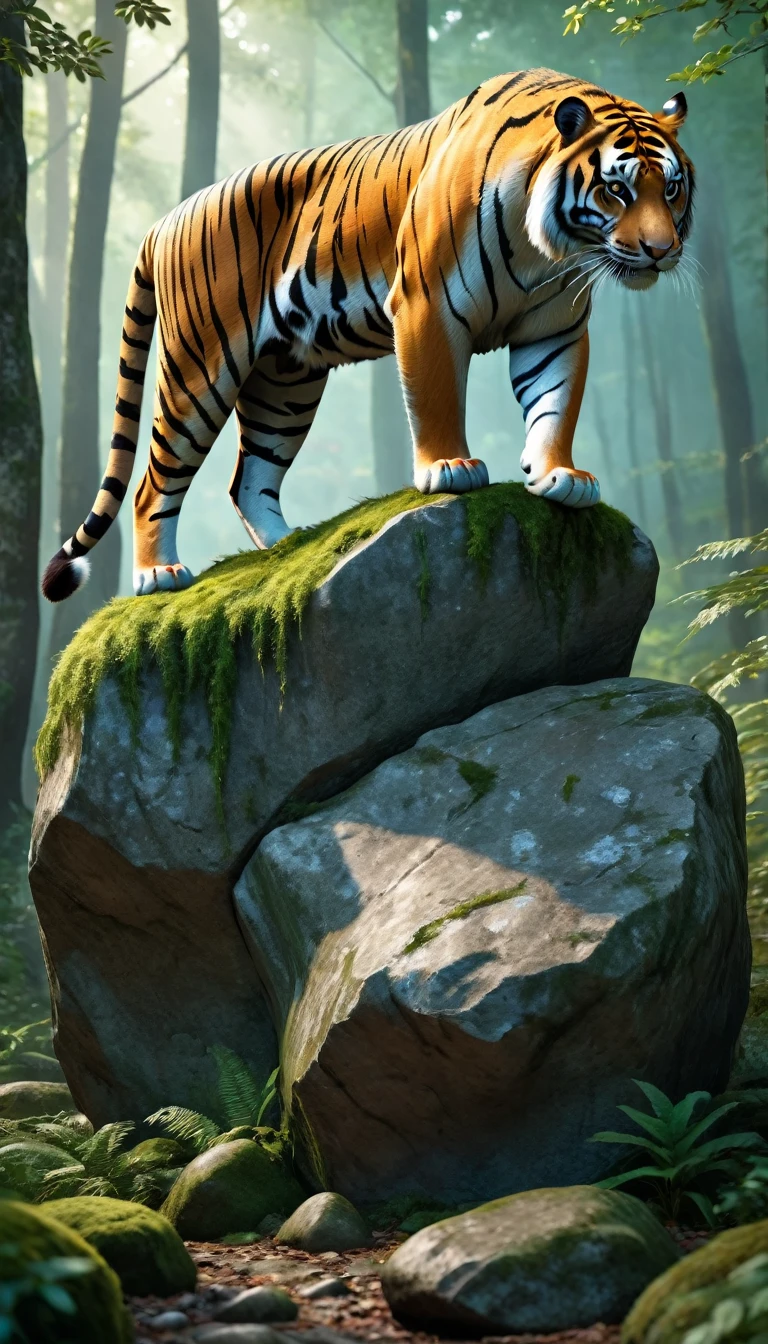 There is a wild beast standing on a stone in the forest,The body of a tiger,The tail of the cow(best quality,4K,8K,High level,masterpiece:1.2),Ultra Detailed,(lifelike,Photo real,Photo real:1.37),Highly detailed animals,Complex patterns,Realistic lighting,Fantasy Creatures