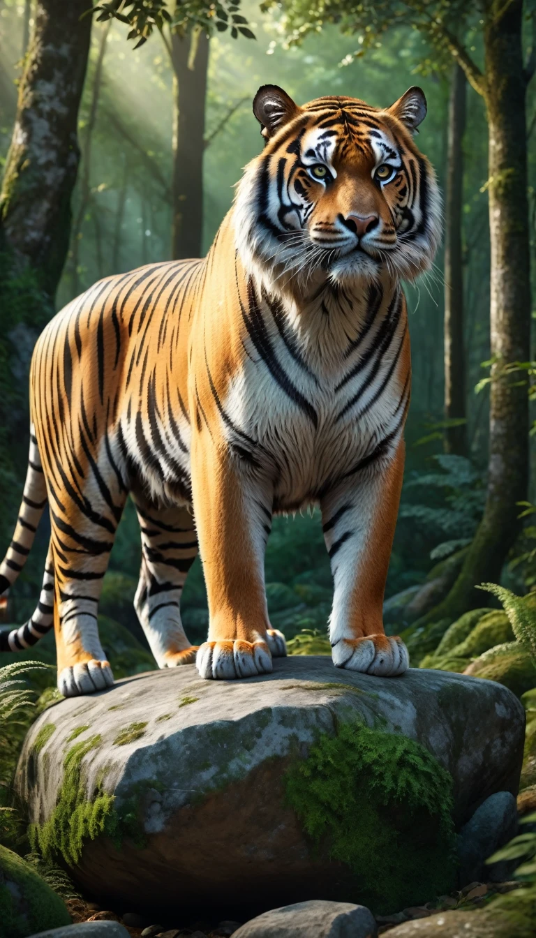 There is a wild beast standing on a stone in the forest，The body of a tiger，The tail of the cow（best quality，4K，8K，High level，masterpiece：1.2），Ultra Detailed，（lifelike，Photo real，Photo real：1.37），Highly detailed animals，Complex patterns，Realistic lighting，Fantasy Creatures
