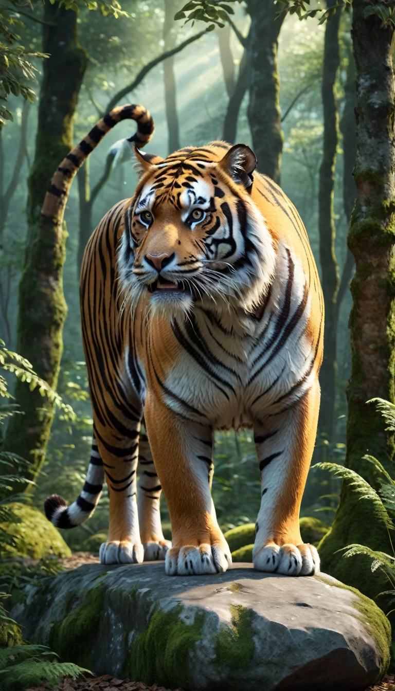 There is a wild beast standing on a stone in the forest,The body of a tiger,The tail of the cow(best quality,4K,8K,High level,masterpiece:1.2),Ultra Detailed,(lifelike,Photo real,Photo real:1.37),Highly detailed animals,Complex patterns,Realistic lighting,Fantasy Creatures
