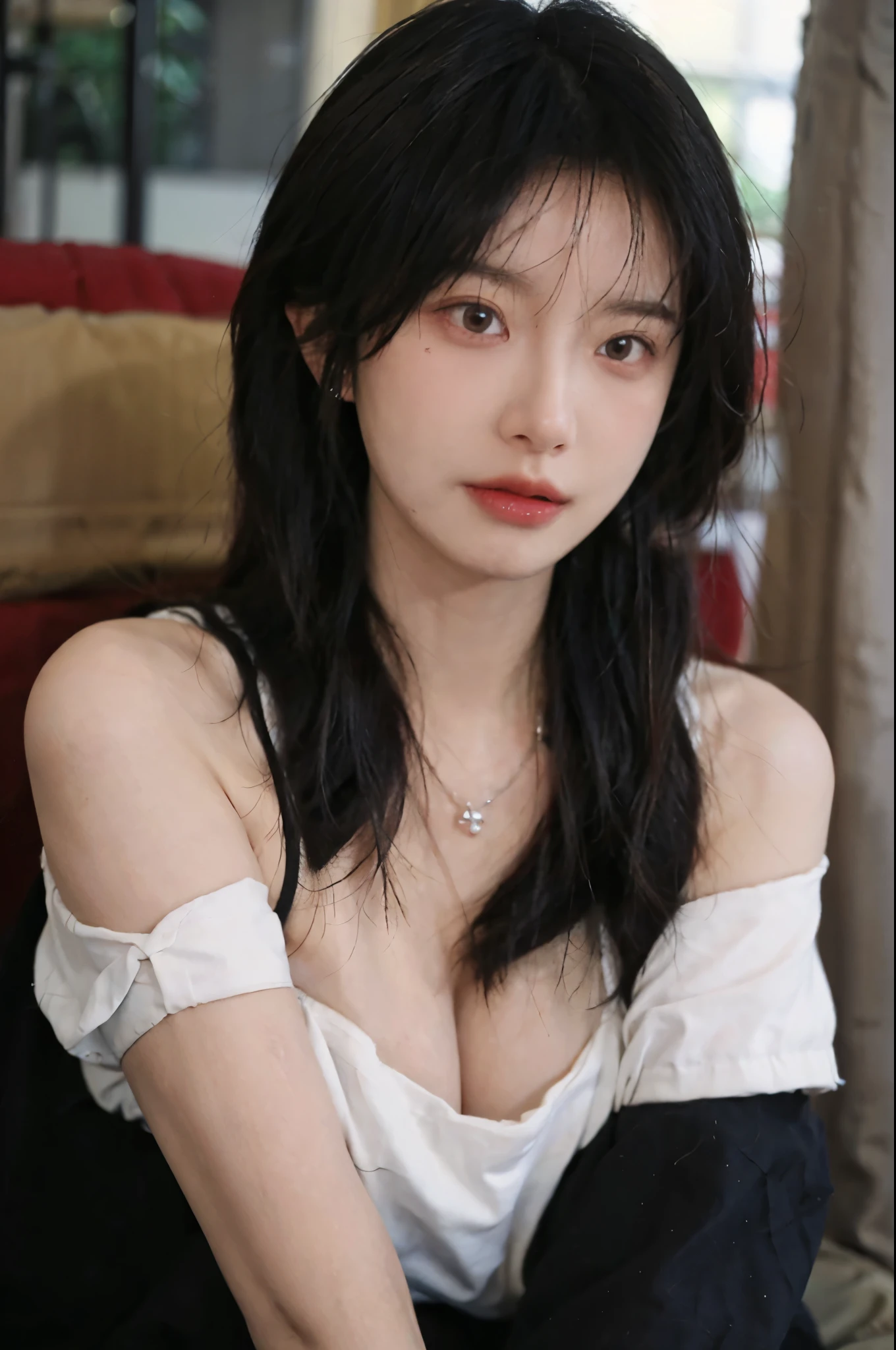 Film portrait photography, 1 girl, bare shoulders,lipstick,(flat chest:1.4), Shoulder length wavy hair, wear necklace,scarf,earrings,short sleeves,serene, calm, (Realistic and detailed eyes, natural skin texture, Realistic facial details), Soft dramatic lighting, depth of field, Bokeh, big breasts,Areola,split,cleavage,Vibrant details, Detailed and detailed, surreal, 35mm film, hazy, ,