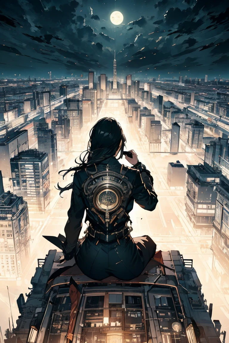 From behind, Highest quality, Super quality, 16K, Incredibly absurd, Very detailed, Two high rise buildings, Back view of a woman sitting on a trapeze, Wind, Wind-effect, moonlit nightscape, (Nice views:1.1) , cyber punk, steampunk, Dieselpunk, Clockpunk, artwork, Mixture Art, Blended Art, Design Art、Main colorBlack
