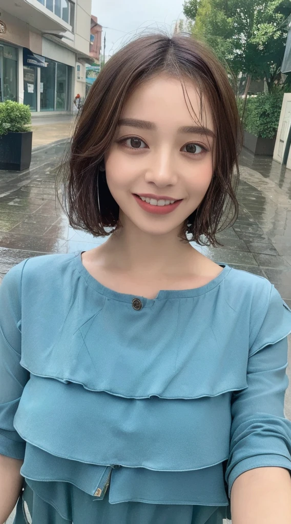 ((Highest quality, 8K, masterpiece:1.3)), concentrated: 1.2, Perfect Body Beauty: 1.4, Hips: 1.2, ((Layered Haircut, chest: 1.2)), (Wet clothes: 1.1), (rain, street:1.3), Bandeau dress: 1.1, Highly detailed face and skin texture, Beautiful Eyes, double eyelid, Whitening skin, Long Hair, (shut up: 1.3), smile