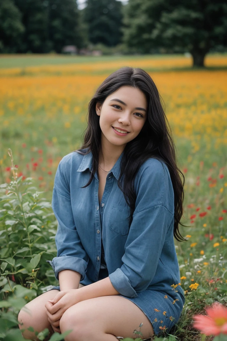 front view, happy stunning woman with curly long dark hair, wearing blue clothes sit in a beautiful field of flowers, colorful flowers everywhere, some blue and orange butterflies, perfect lighting, leica summicron 35mm f2.0, Kodak Portra 400, film grain