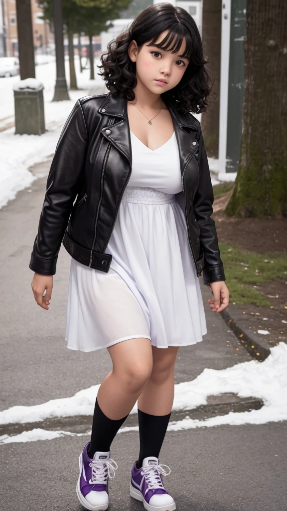 13-year-old girl with a sad but loving face, curly black hair, snow-white skin, a slightly chubby physique, brown eyes, purple dress, leather jacket and white sneakers.