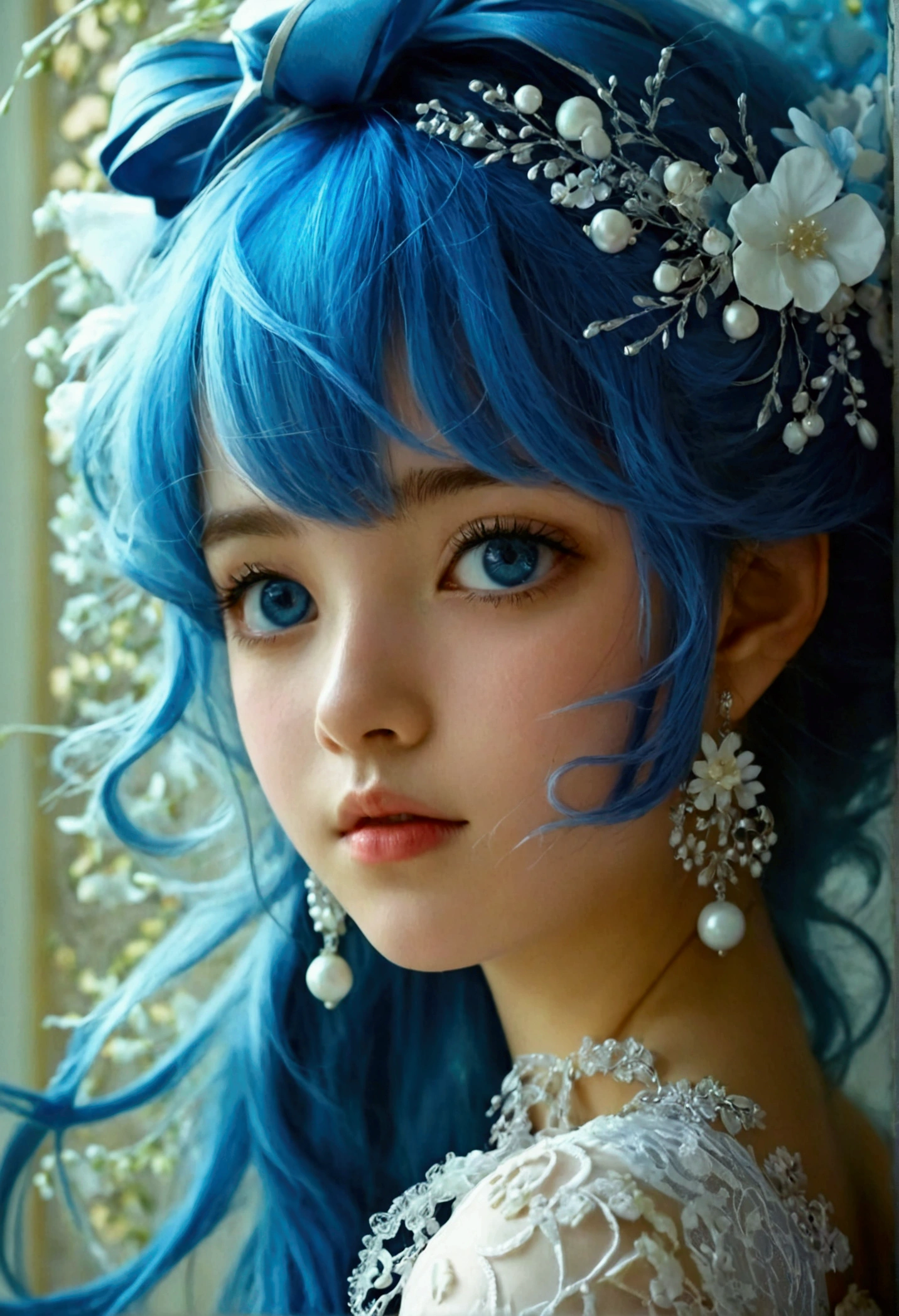 Light blue hair、Big blue ribbon hair ornament、Light blue eyes、Girl